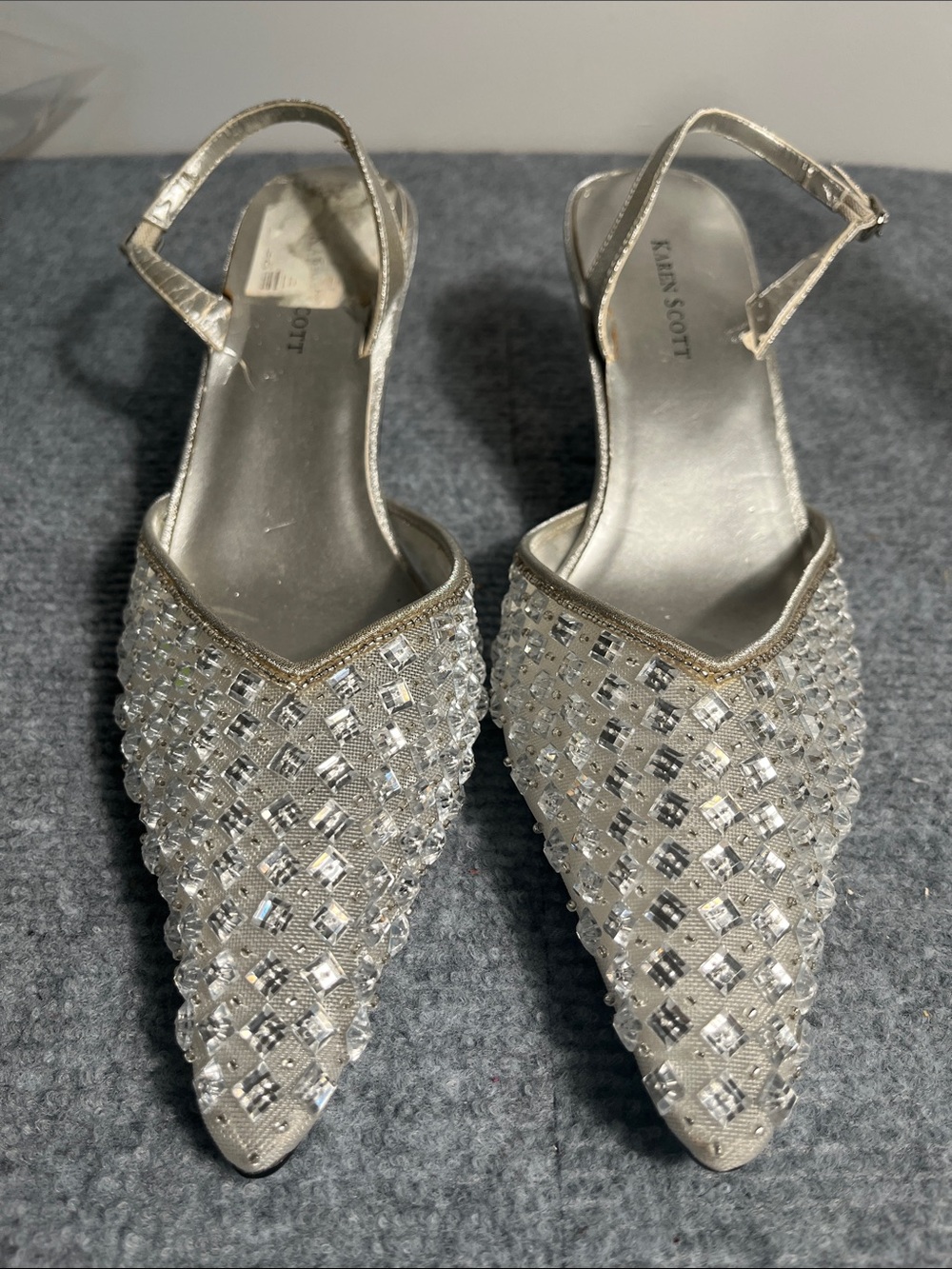 Karen Scott Silver Crystal Slingback Mules Wear to strap and missing bead.